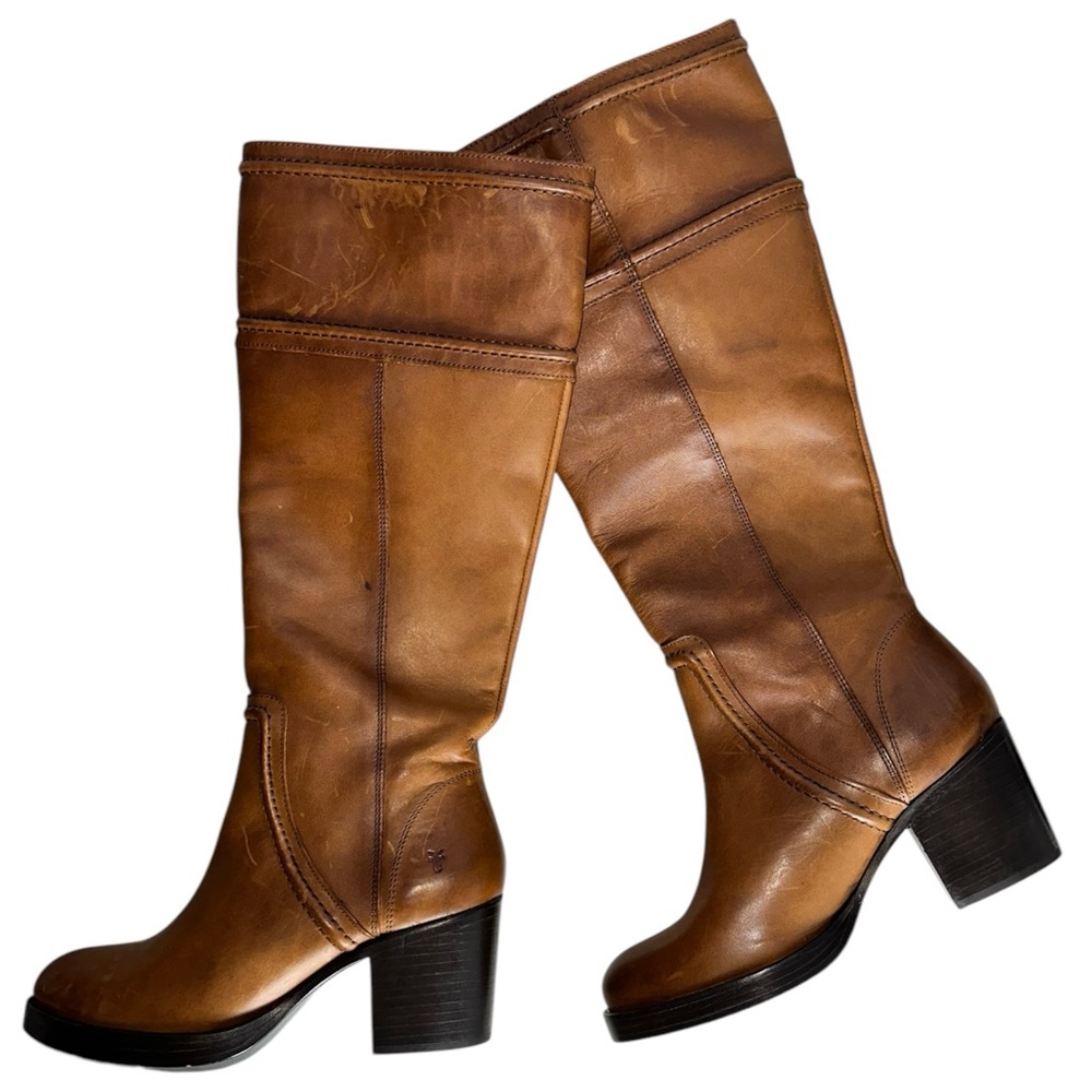 Frye Women's Tall Leather Heeled Boots in Cognac Brown